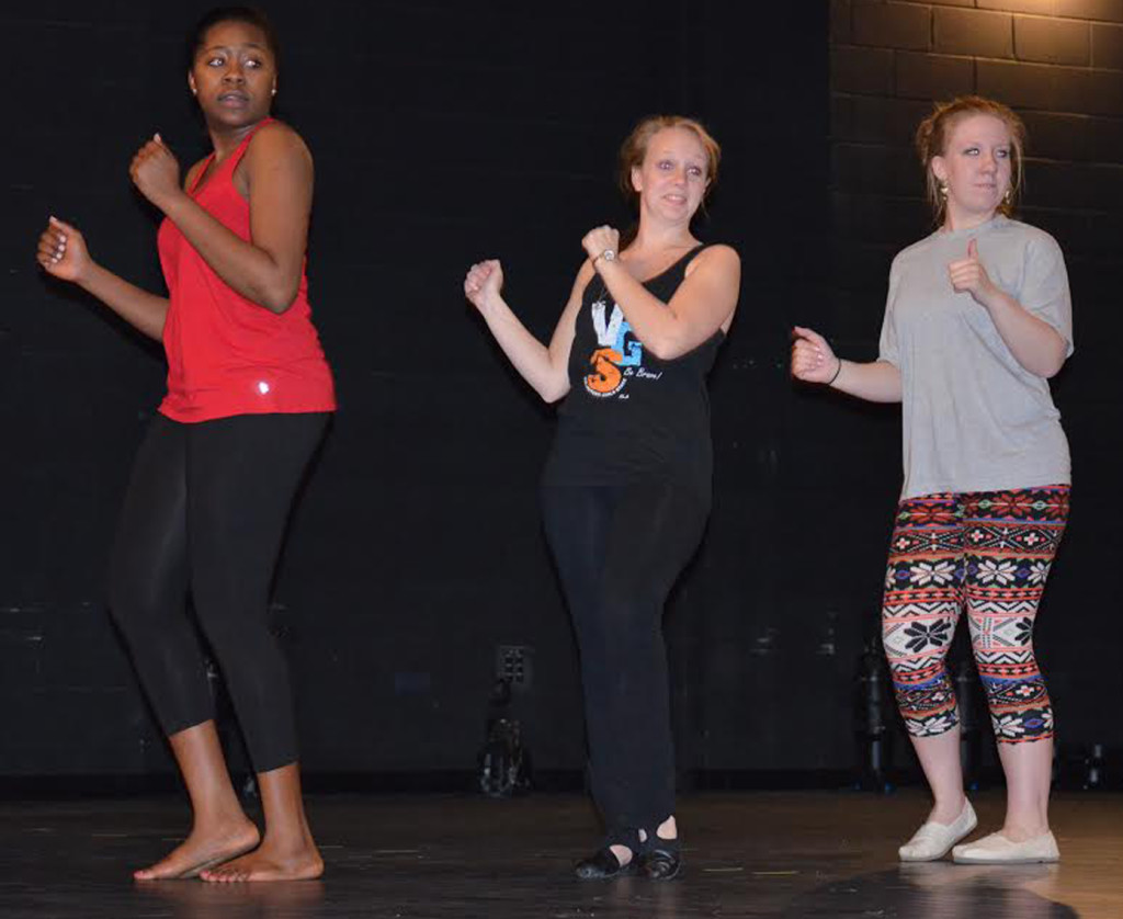 Pilar (Ononye), Margot (Coyle) and Serena (Stuart) rehearse one of their opening dance scenes as the Greek chorus.