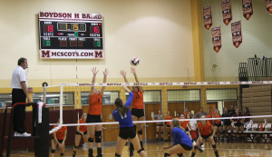 Maryville’s Kori Jacot and Ellie Hamstra attempt a block against Covenant on Sept. 17. Photo courtesy of Ariana Hansen.