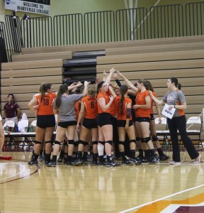 The Scots huddle together before their matchup with Covenant on Sept. 17, 2015. Maryville won three of five sets for the first of three conference wins so far this season. Photo courtesy of Ariana Hansen.