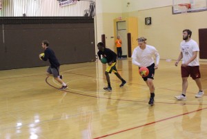 Intramural dodgeball began last week. Those photographed: (left to right) Alex Willard, Michael Smith, Nick Myers, and Justin Collett prepare to launch their dodgeballs at the opposing team. Photo by Charlie Pratt.