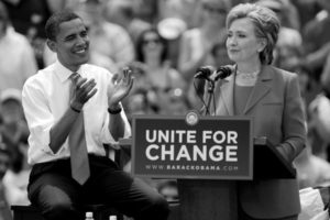 A file picture dated 27 June 2008 shows Democratic Presidential hopeful Illinois Senator Barack Obama (L) listening to New York Senator Hillary Clinton (R) as she delivers a speech to supporters at a campaign stop in Unity, New Hampshire USA. On 04 November 2008, Democratic Party presidential candidate Barack Obama will compete with Republican Party presidential candidate John McCain in the US presidential elections. EPA/MICHAL CZERWONKA