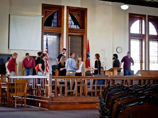 Students mill about the courtroom where William Jennings Bryan and Clarence Darrow fought the famous "Monkey Trial." The SRS 480 class visited Dayton, Tenn, April 1 and 3. Photo Courtesy of Joshua Dickson.