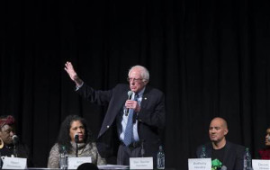 Sen. Bernie Sanders speaking at the Black Community Forum in Minneapolis. Photo by Evan Vucci of AP Photo.