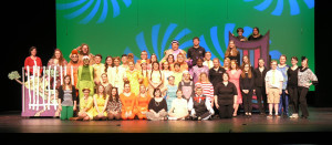 The cast and crew members of Seussical The Musical are reunited for a family picture in the Ronald and Lynda Nutt Theatre. Photo by Jennifer Luck.