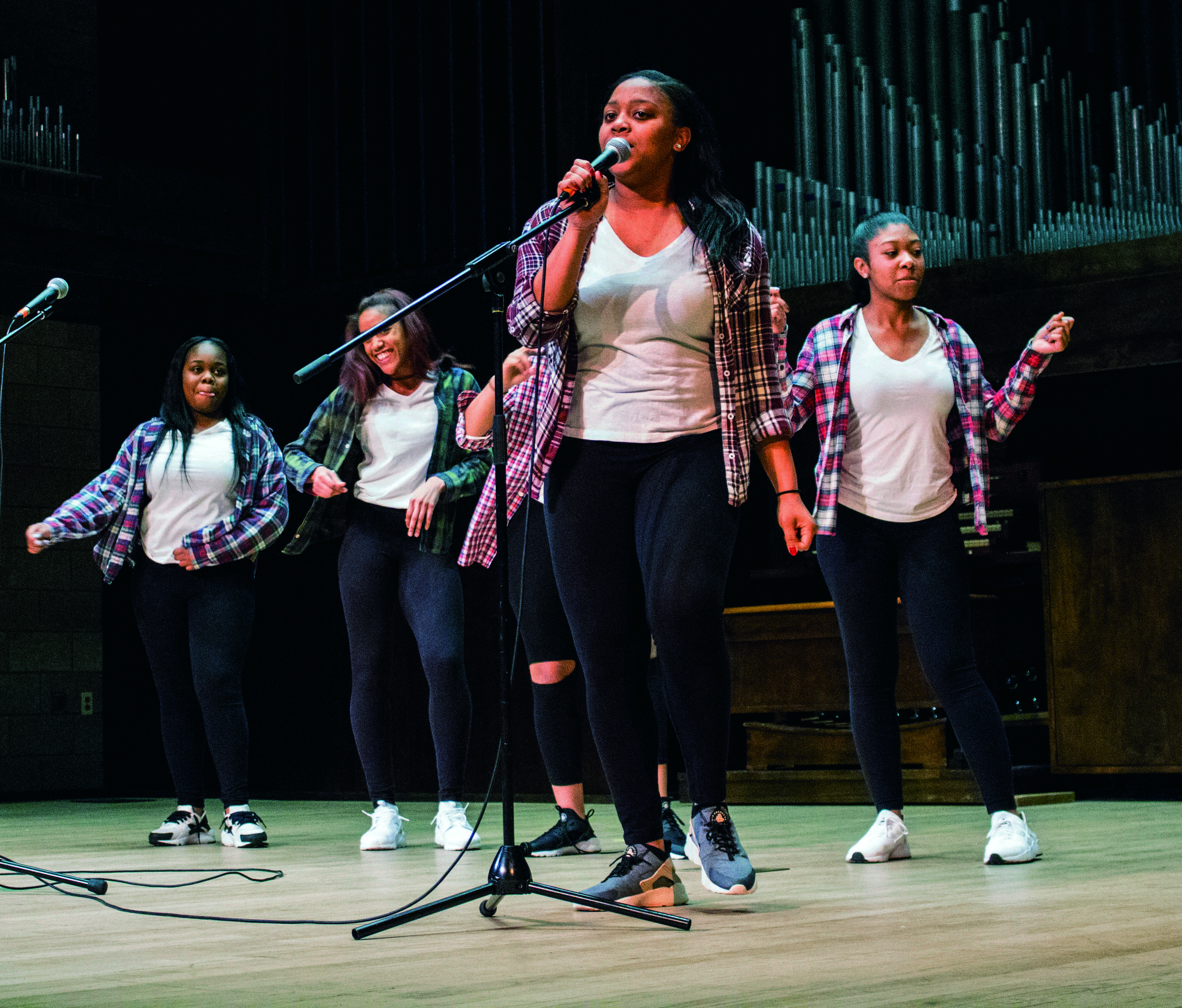 Myresha Hinton, Deja Hester, Amber Davis Nelson, Keonna Tisdal and Tanginique Nowlin performing their song and dance number at Apollo Night on Feb. 9. Photo by David Peters.
