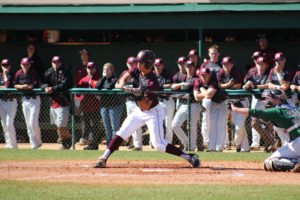 Bryce Redaja, No. 2, bats in the first inning against Piedmont College on Feb. 25. Photo by Rebecca Jones.