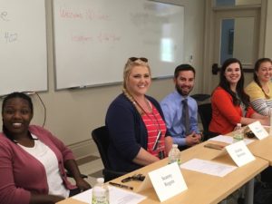 Seanny Rogers, Julianne Bowman, Marc Fernandez, Libby Hess and Marcee Iler sit at the Teachers Panel at Maryville College. Photo courtesy of Dr. Alesia Orren.