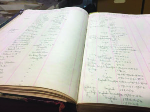 Held in the Maryville College archives is a ledger of all the Maryville College students enrolled between September 5, 1866 and 1900. Photo by Sherilyn Smith.