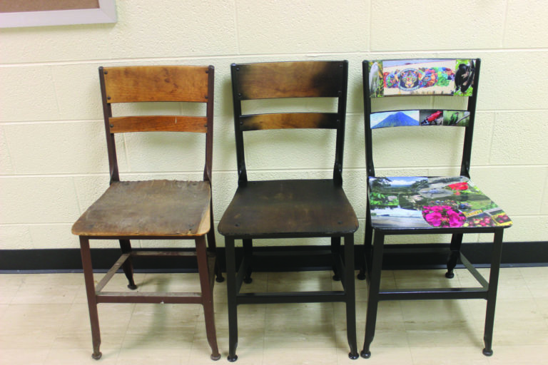 Decoupage chairs in Sutton science center creatively display photographs