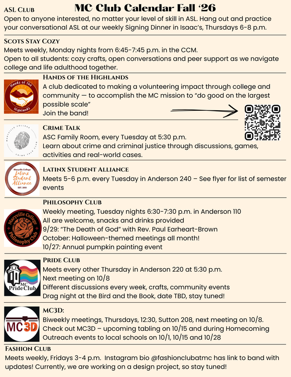 MC Club Calendar for Sept. 29, 2026